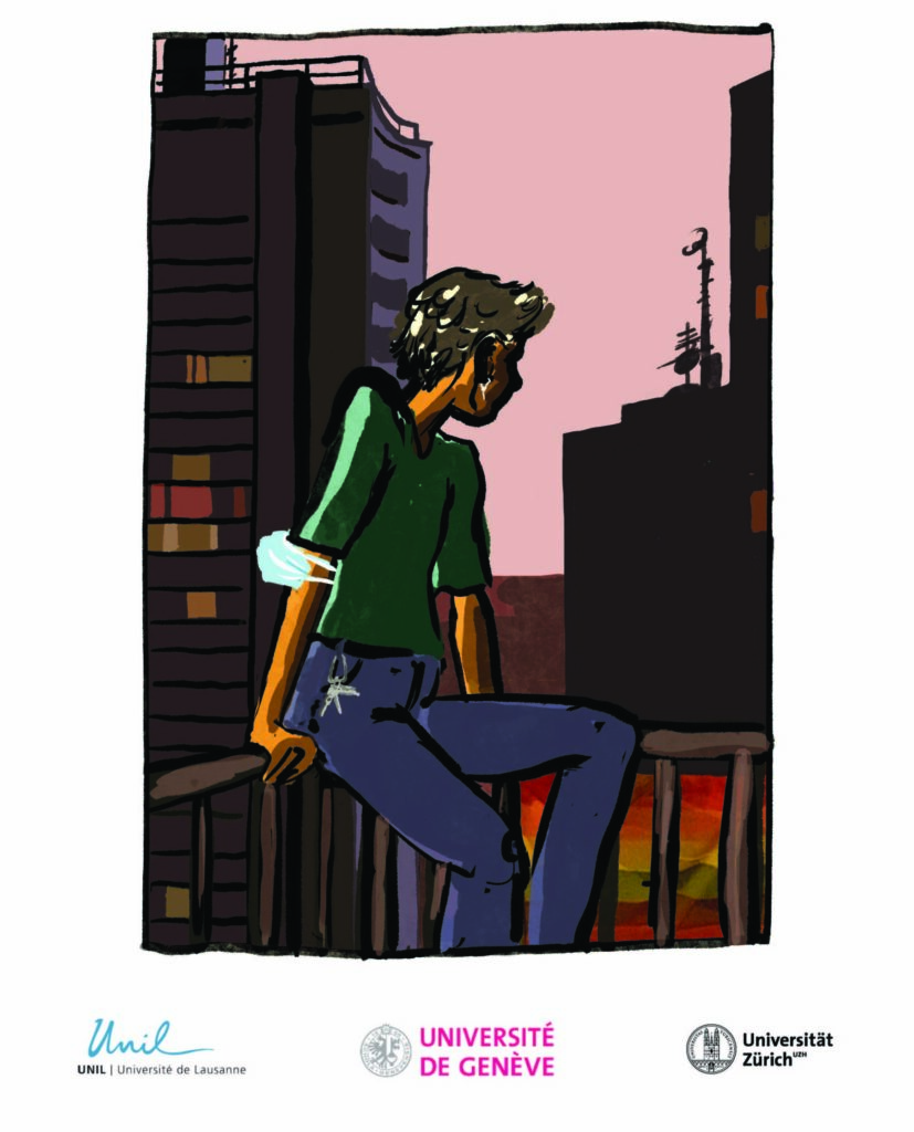 Le titre est le suivant : "Comment la situation actuelle affecte-t-elle votre niveau de stress? En dessous se trouve la photo d'une personne assise sur la balustrade d'un balcon et regardant la ville la nuit. La personne a un masque sanitaire bleu sur le bras et un drapeau arc-en-ciel est attaché à la balustrade du balcon.