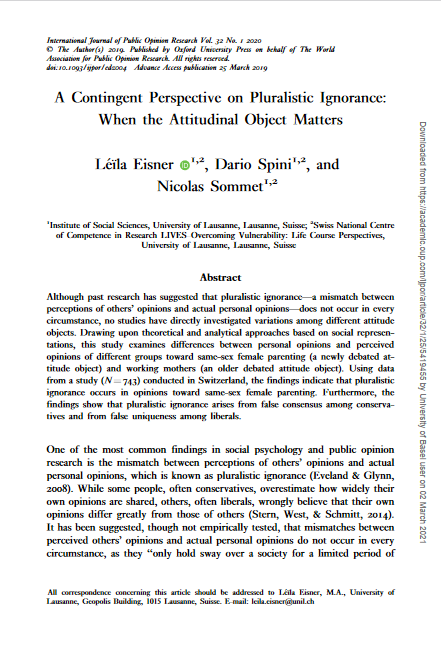 Screenshot of the first page of the paper on a contingent perspective on pluralistic ignorance: when the attitudinal object matters