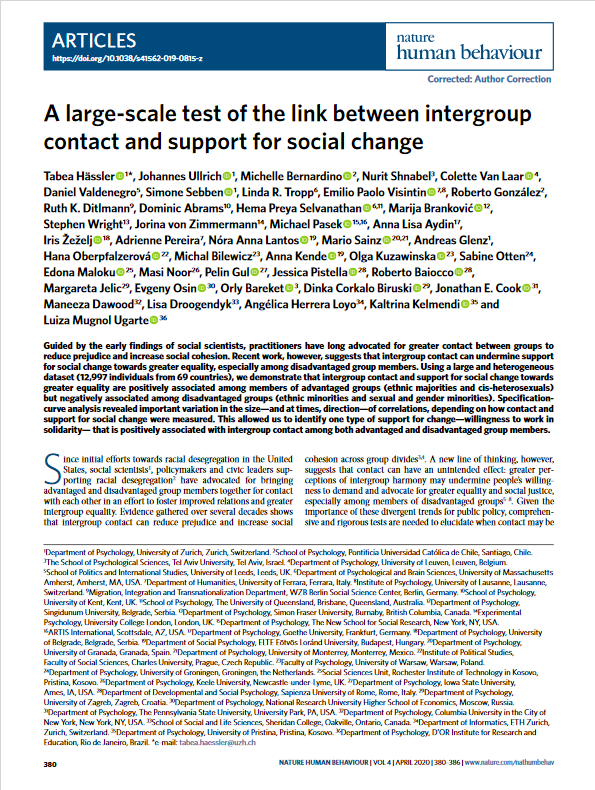 Screenshot of the first page of the paper on large scale test on the link between intergroup contact and support for social change.