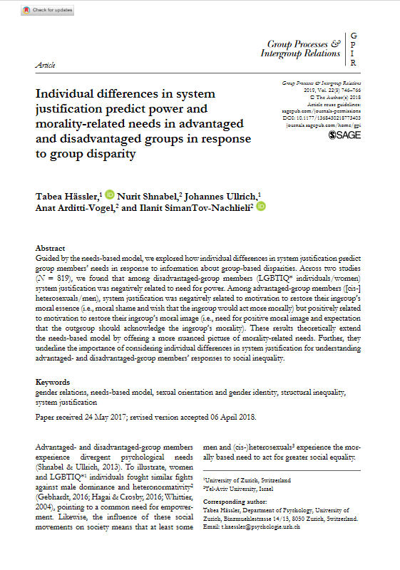 Screenshot of the first page of the paper on "Individual differences in system justification predict power and morality-related needs in advantaged and disavanteged groups in response to group disparity".